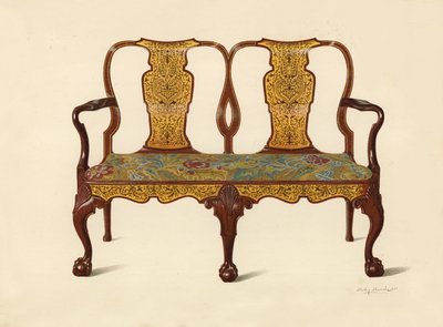 Walnut Settee Inlaid with Marqueterie, Property of Percy Macquoid by Shirley Charles Llewellyn Slocombe